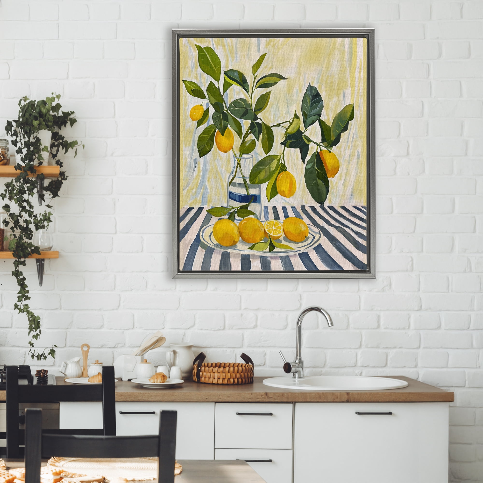 Stupell Industries Lemons on Striped Tablecloth Gray Framed Floater Canvas Wall Art, design by Yen