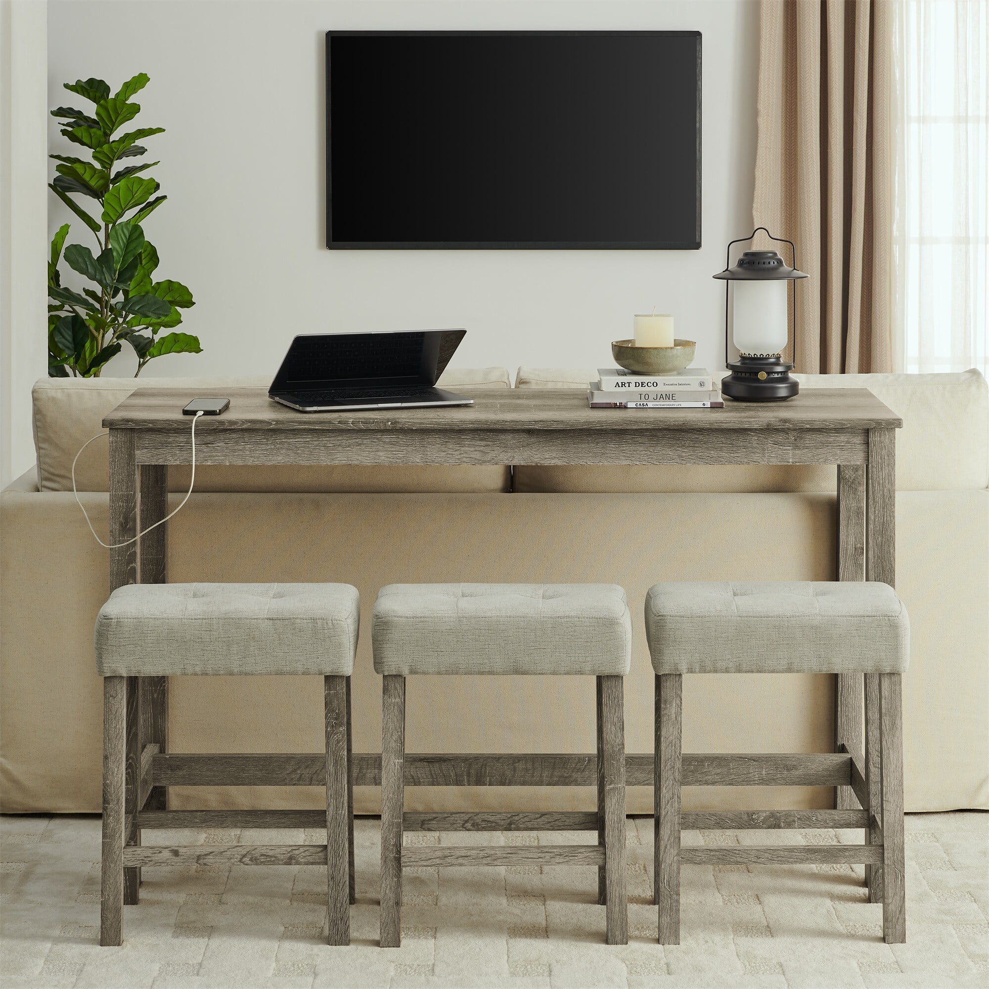 AENKYO 4-Piece Bar Table Set with Charging Station, 59" Counter Height Table and 3 Upholstered Stools for Small Space, Brown