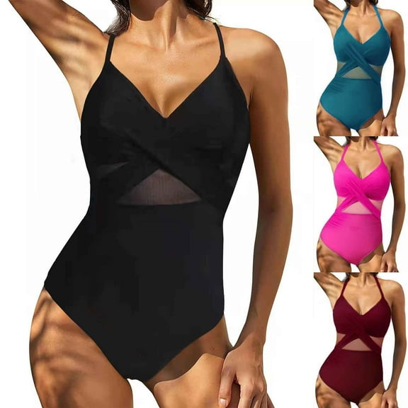 Holiday Promotion UTSJKR Women V Neck One Piece Swimsuit Wrapped Mesh Tummy Control Bathing Suit with Adjustable Spaghetti Straps Black 8