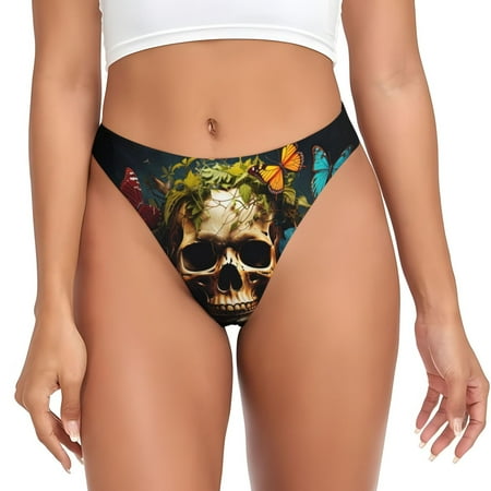 Thongs for Women - Butterfly Flower Plant Skull No Show Seamless Womens Thongs Underwear  Soft Stretch G String Thongs for Women Cuteness Ladies Thong Bikini Panties Briefs