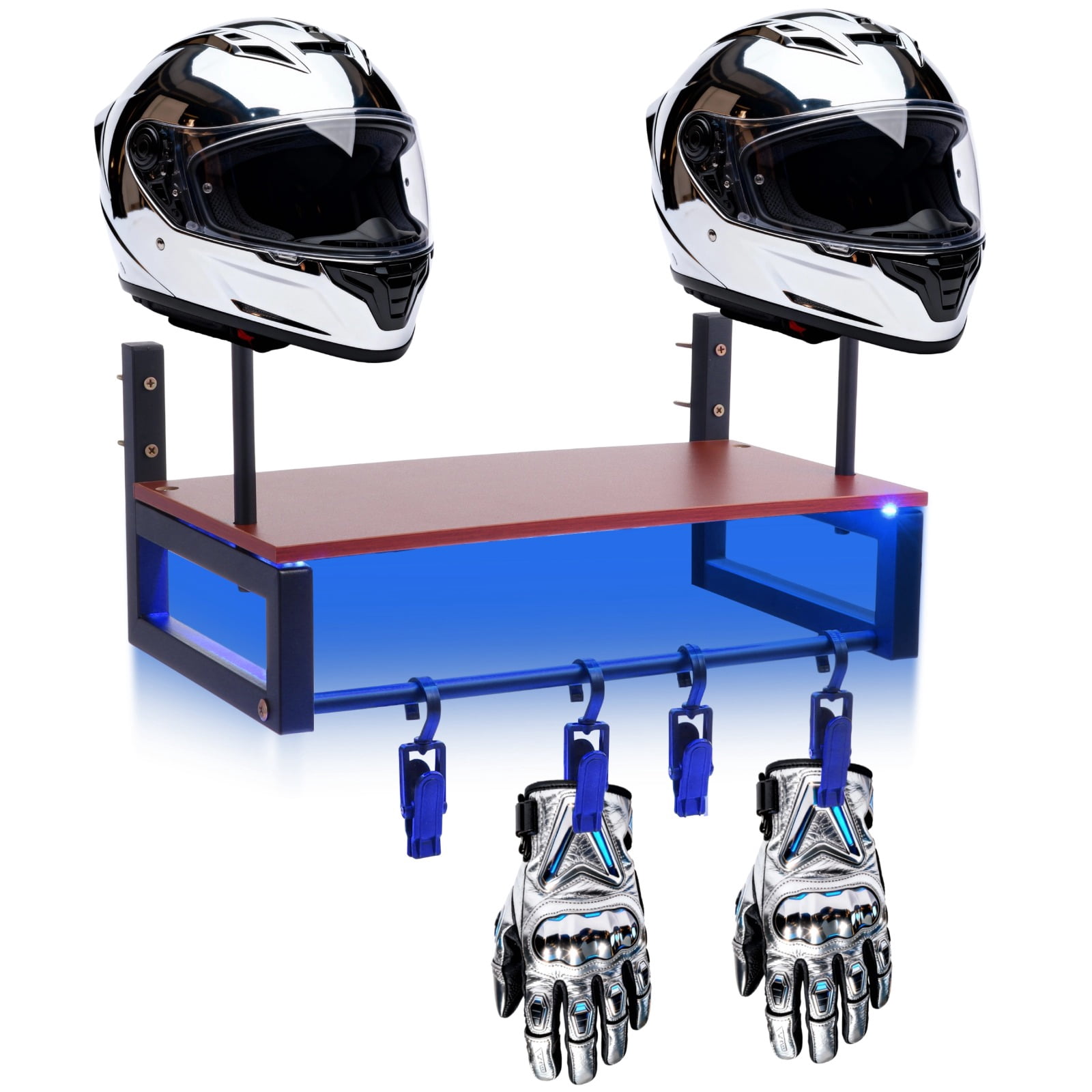 Wooden Motorcycle Helmet Holder with Blue Lights Strip, Sturdy Metal and Wood Frame Helmet Rack Wall Mount with 4 Hooks for Helmet, Gloves and Motorcycle Accessories Display