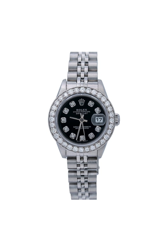 Pre-Owned Rolex Datejust 26MM 69174 Black Diamond Dial Diamond Bezel Stainless Steel Jubilee Bracelet 0.9ct