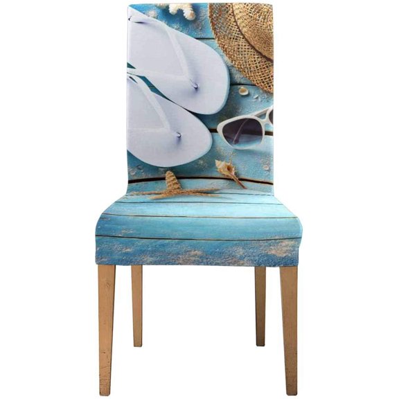 FMSHPON Beach Accessories on Vintage Blue Plank Stretch Chair Cover Protector Seat Slipcover for Dining Room Hotel Wedding Party Set of 1