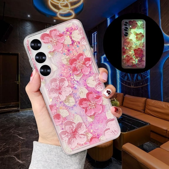 Compatible with Samsung Galaxy S24 Plus Case Oil Painting Flower Case Glow in The Dark Liquid Fluorescent Floating Floral Case Women Girly Light up Case Soft TPU Luminous Phone Cover, Pink