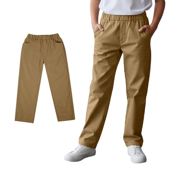 Kids Uniform Pants Elastic Waist Straight Slim Fit Coffee Pants Size 8-9 Years Boys Clothes