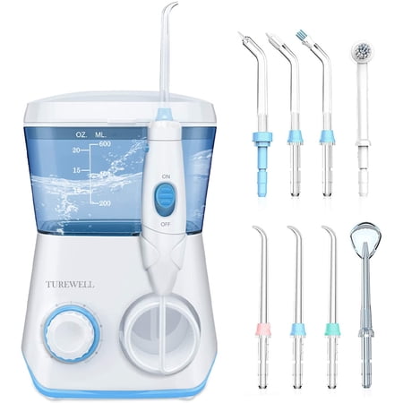 TUREWELL Water Flossing Oral Irrigator, 600ML Dental Water Teeth Cleaner 10 Adjustable Pressure, Electric Dental Pick Flosser for Teeth/Braces, 8 Water Jet Tips for Family (White)