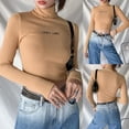 thumbnail image 5 of S Camiseta de manga larga de otoño para mujer, camiseta de Color liso con volantes y letras de cuello alto, Top corto bordado, Jersey básico ajustado acanalado, ropa de calle, 5 of 5