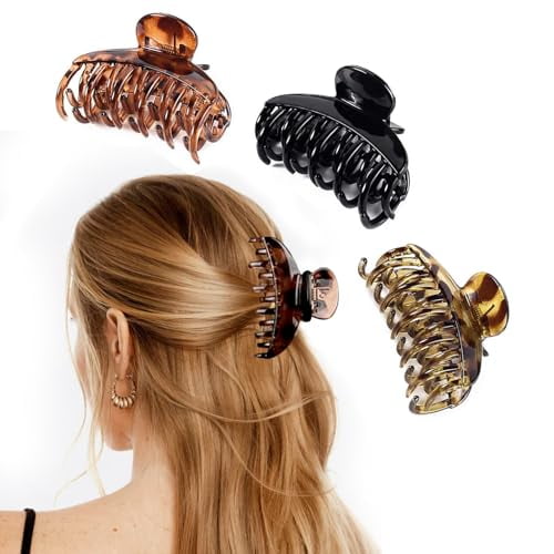 Hair Clips for Women and Girls,3 Pack 2.5 Inch Tortoise Shell Hair Claw Clips Double Row Teeth Plastic Durable Medium Hair Jaw Clips Hair Barrettes Strong Hold No Slip Thick Thin Hair Clips,Leopard