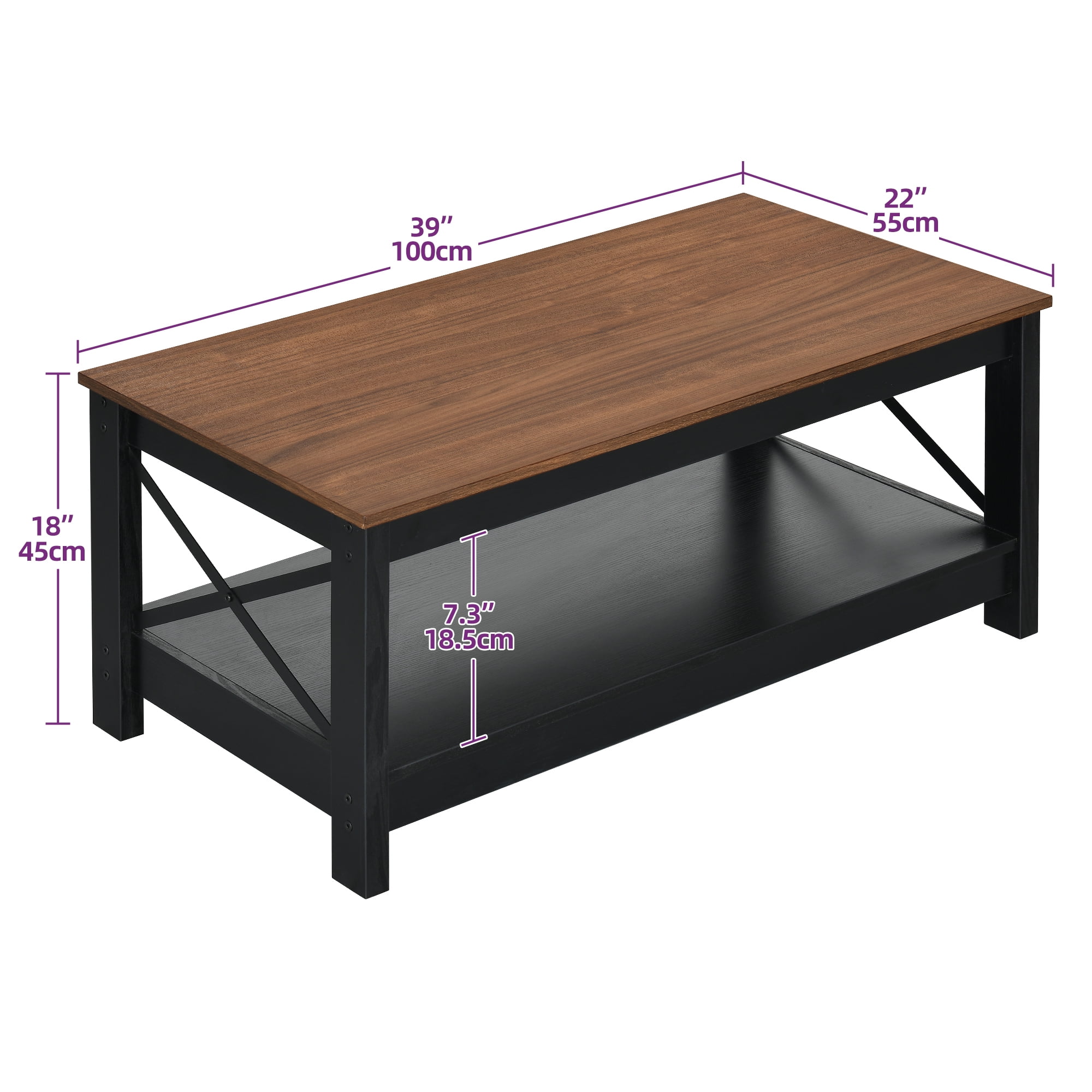 Dextrus Farmhouse Wood Coffee Table with Storage Shelf, Brown