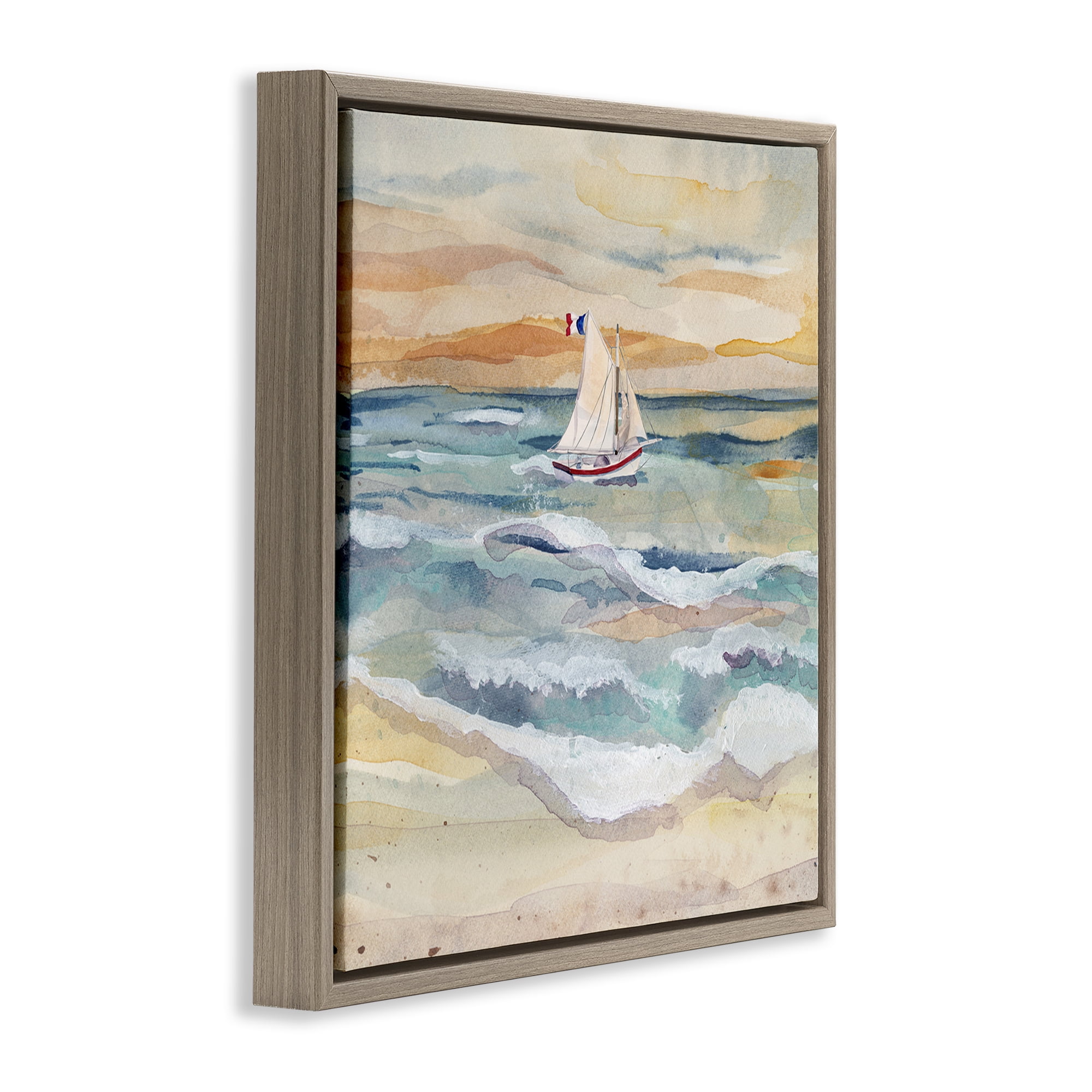 Stupell Industries Watercolor Boat Beach View Transportation Painting Brown Floater Framed Canvas Art Print Wall Art, 18 x 18