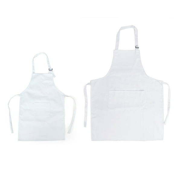 Opromo Colorful Cotton Canvas Kid's & Adult's Aprons with Pocket, Artist Apron & Chef Apron in Set (White, 22"L x 15"W/29"L x 24"W)