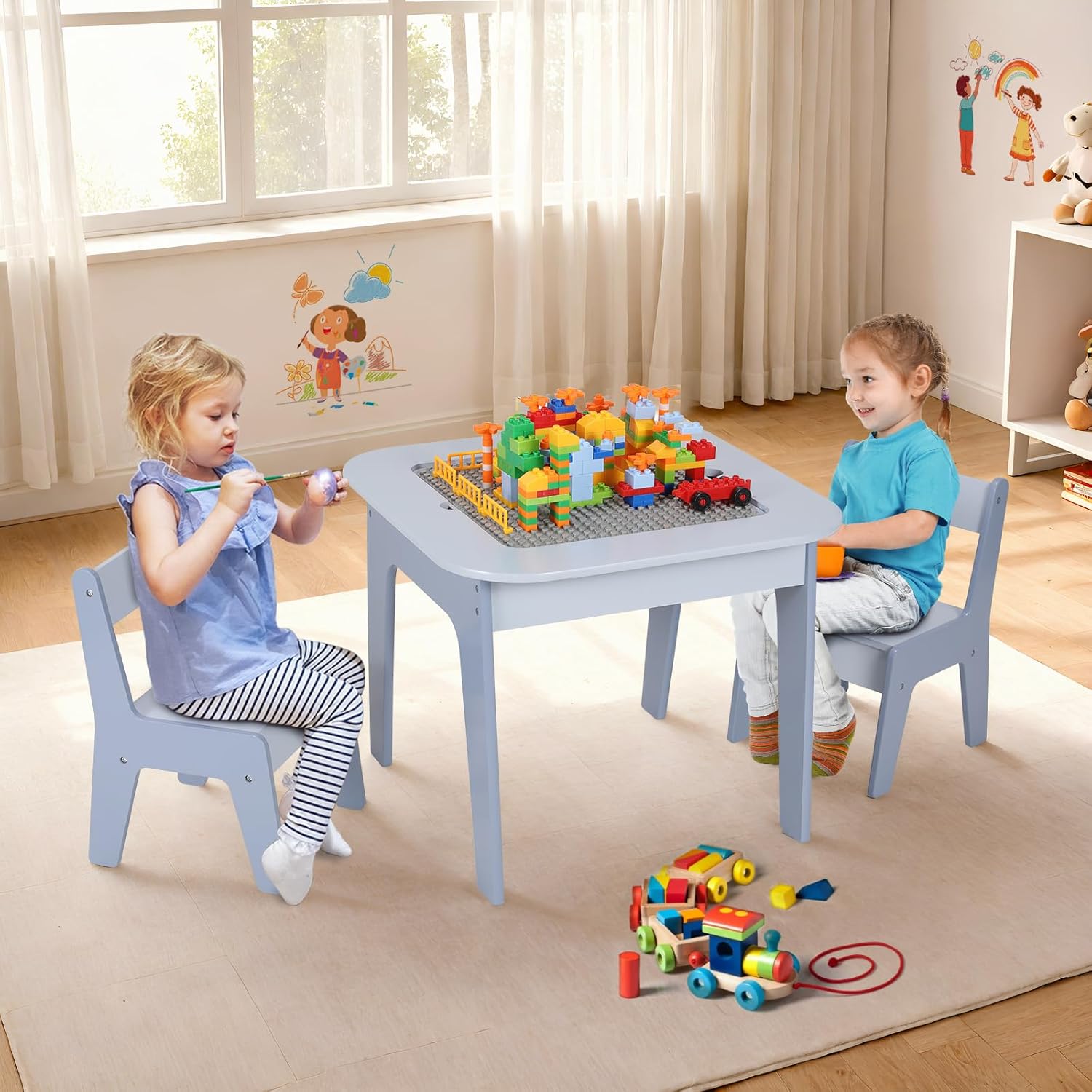 LAZY BUDDY Wooden Kids Table and 2 Chairs Set with Storage, Toddler Activity Table with 2 Removable Double-Sided Tabletops for Drawing, Arts Crafts Playing