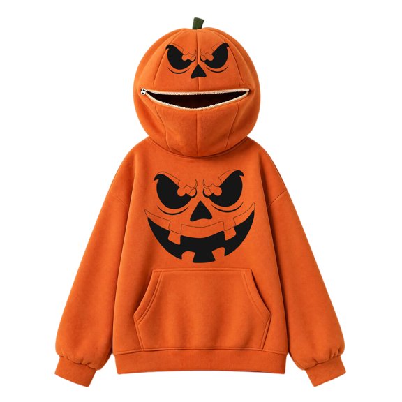 Rexolia Pumpkin Head Full Zip Hoodie Face Cover Costume with Smile Scared Pumpkin Print Halloween Black L