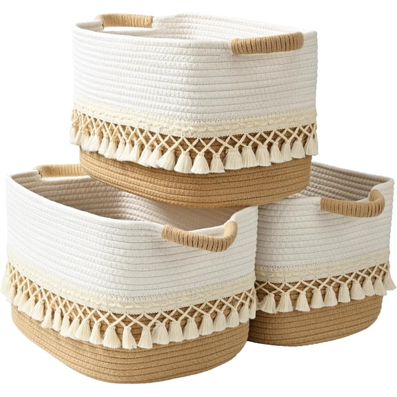 2 Pack Storage Basket, Heavy Tassel Woven Baskets for Storage, Boho Cotton Rope Storage Bin, Cube Organizer Bins, Baby Laundry Basket for Clothes, Toys, Diapers, Pets（White & Jute）