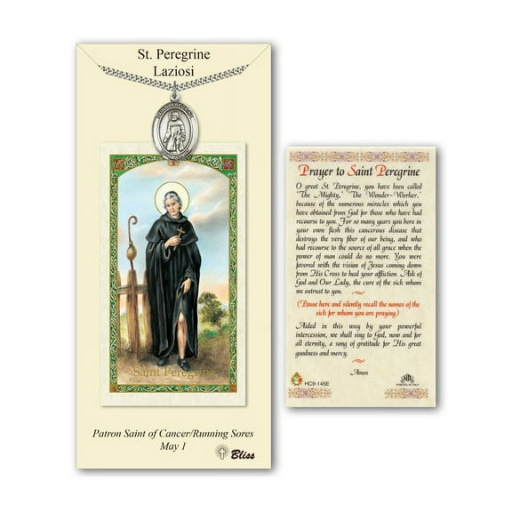 Pewter St. Peregrine Laziosi medal on an 24 inch Heavy Curb Chain with a Prayer to St Peregrine Prayer Card.