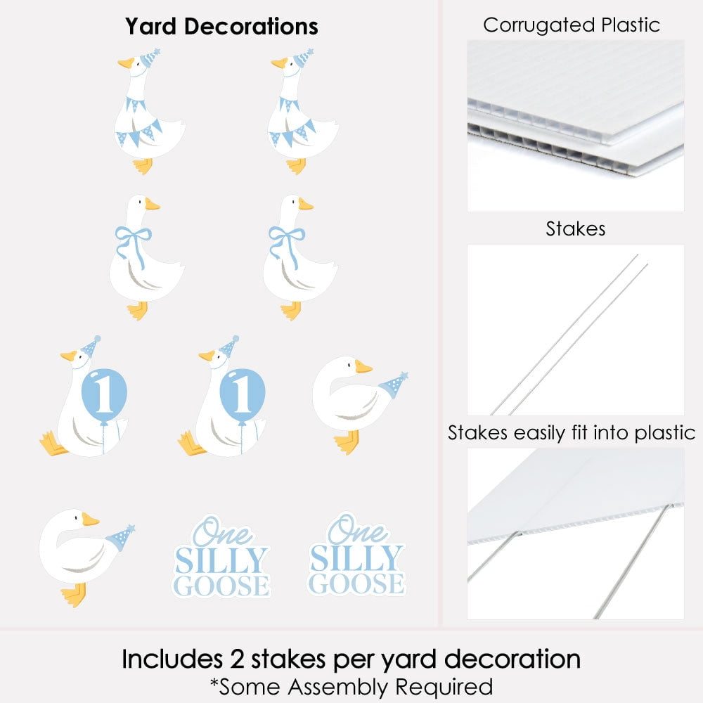 Big Dot of Happiness One Silly Goose Blue Outdoor Decorations, Boy 1st Birthday Party Lawn Ornaments, Goose-Themed Yard Signs with Stakes - 10 Piece Set