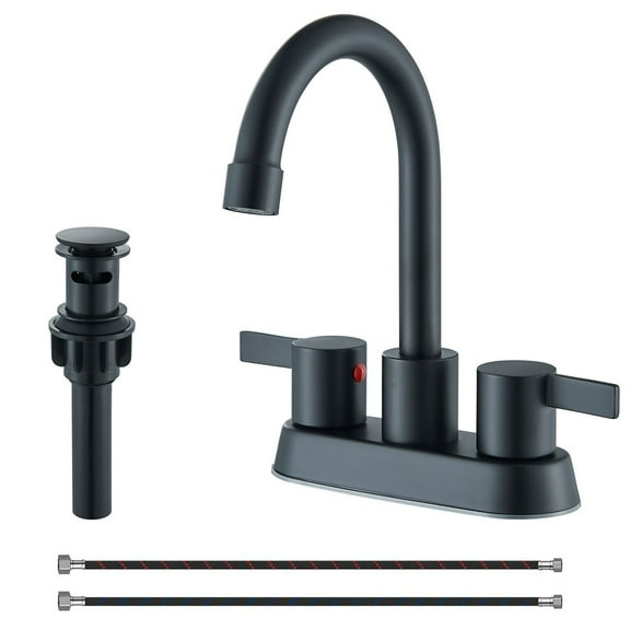 Zovajonia 4 Inch 2 Handle Centerset Matte Black Lead-Free Modern Bathroom Faucet , 360 Swivel Spout 2-3 Hole RV Bathroom Vanity Sink Faucet with Pop Up Drain and Water Supply Lines