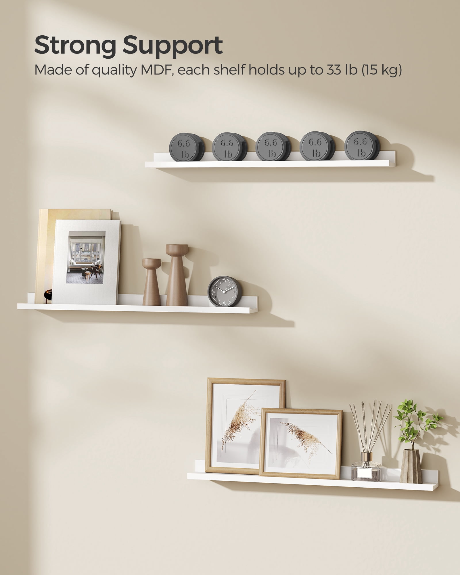 SONGMICS Floating Shelves, Set of 3 Wall Shelves, 31.5-Inch Wide, for Photo Frames and Trinkets, for Living Room, Home Office, Kitchen, Bathroom, Matte White