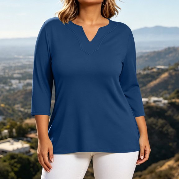 Warop Womens Plus Size 3/4 Sleeve Tops Casual V-Neck Solid Color Shirts Loose Fit Tunic Blouse