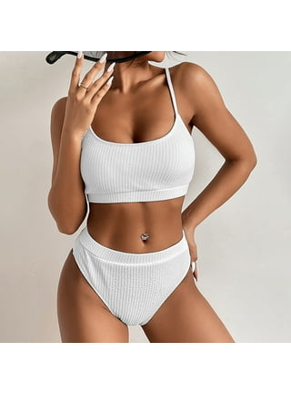 Women Triangle Halter Bikini Set High Cut String Thong Bathing Suit Self  Tie Two Piece Swimsuit Swimwear with Faux Pearl Decor White S