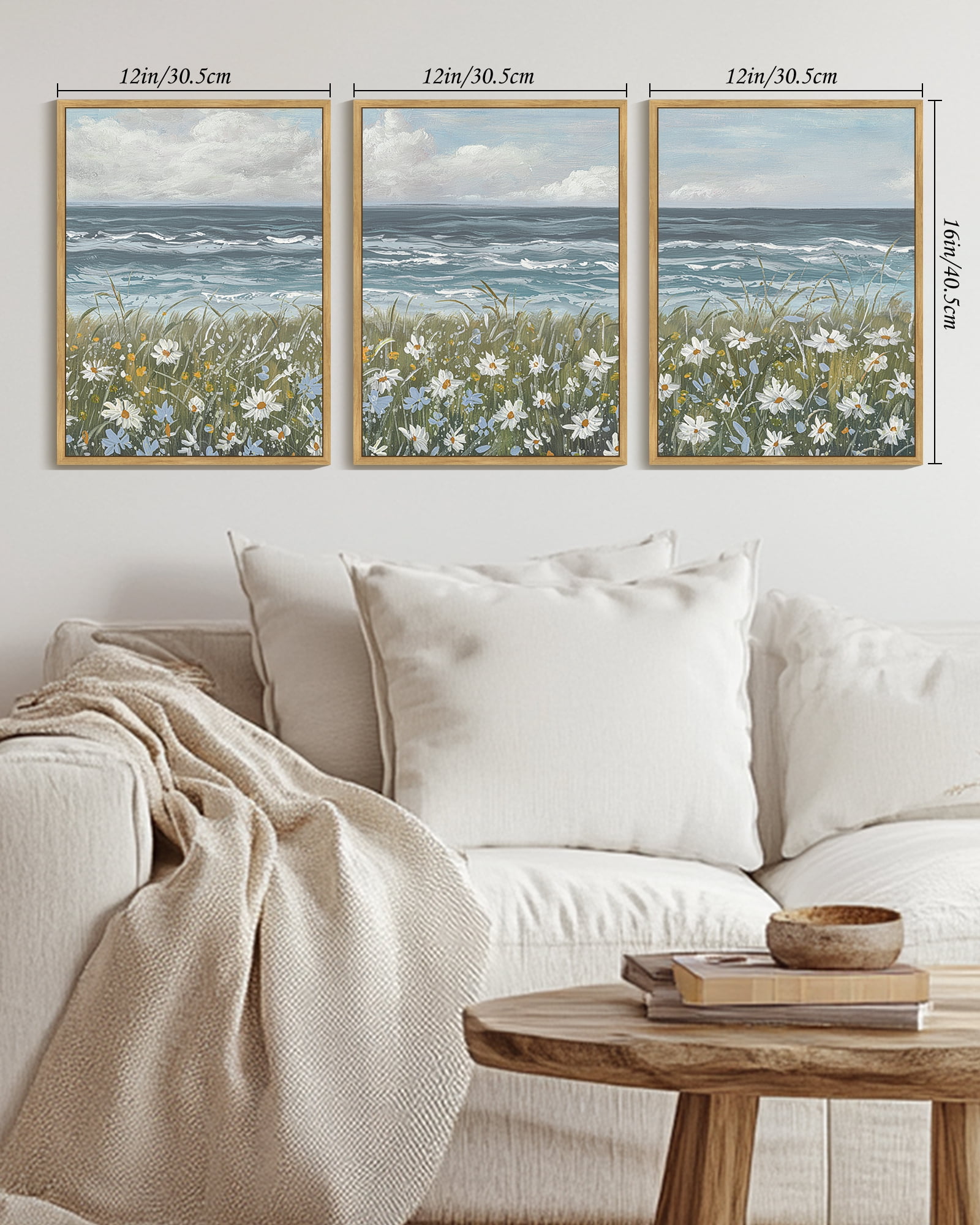 Drsoum Vintage Landscape Wall Art Sea Coastal Wildflower Field Scenery Farmhouse Decor Retro Painting for Living Room Bedroom 12x16in3pcs Brown Framed