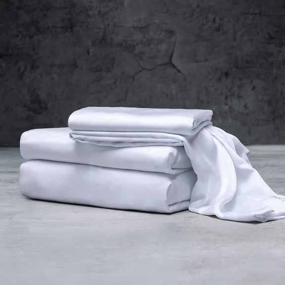 Mulberry Silk Satin Sheet Set - 4 Pc (1 Flat Sheet, 1 Fitted Sheet, 2 Pillowcases) - Smooth Bedding for Queen/King Bed - Wrinkle-Resistant, 15" Deep Pockets (White,CALIFORNIA KIN