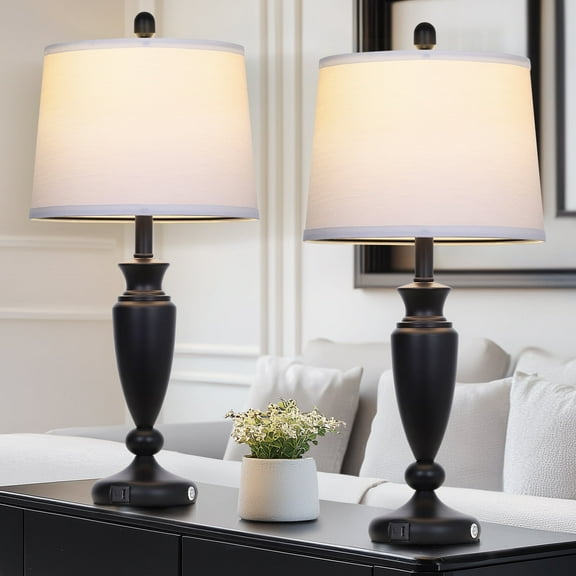 Cinkeda Table Lamps Set of 2 for Bedroom Living Room 27" Tall Black Industrial Bedside Lamp with USB  C Charging Ports Modern 3-Way Dimmable Touch Control Nightstand Lamp