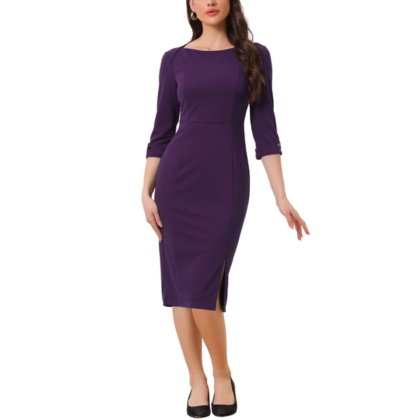 Vestido de tubo para mujer Inspire Chic, con cuello barco, mangas 3/4, dobladillo dividido, vestido midi para el trabajo, color púrpura, talla M