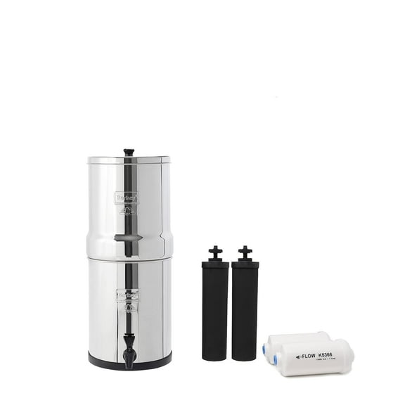 Travel Berkey Gravity-Fed Water Filter with 2 Black Berkey Elements   2 Berkey PF-2 Fluoride and Arsenic Reduction Elements—Use at Home or Outdoors