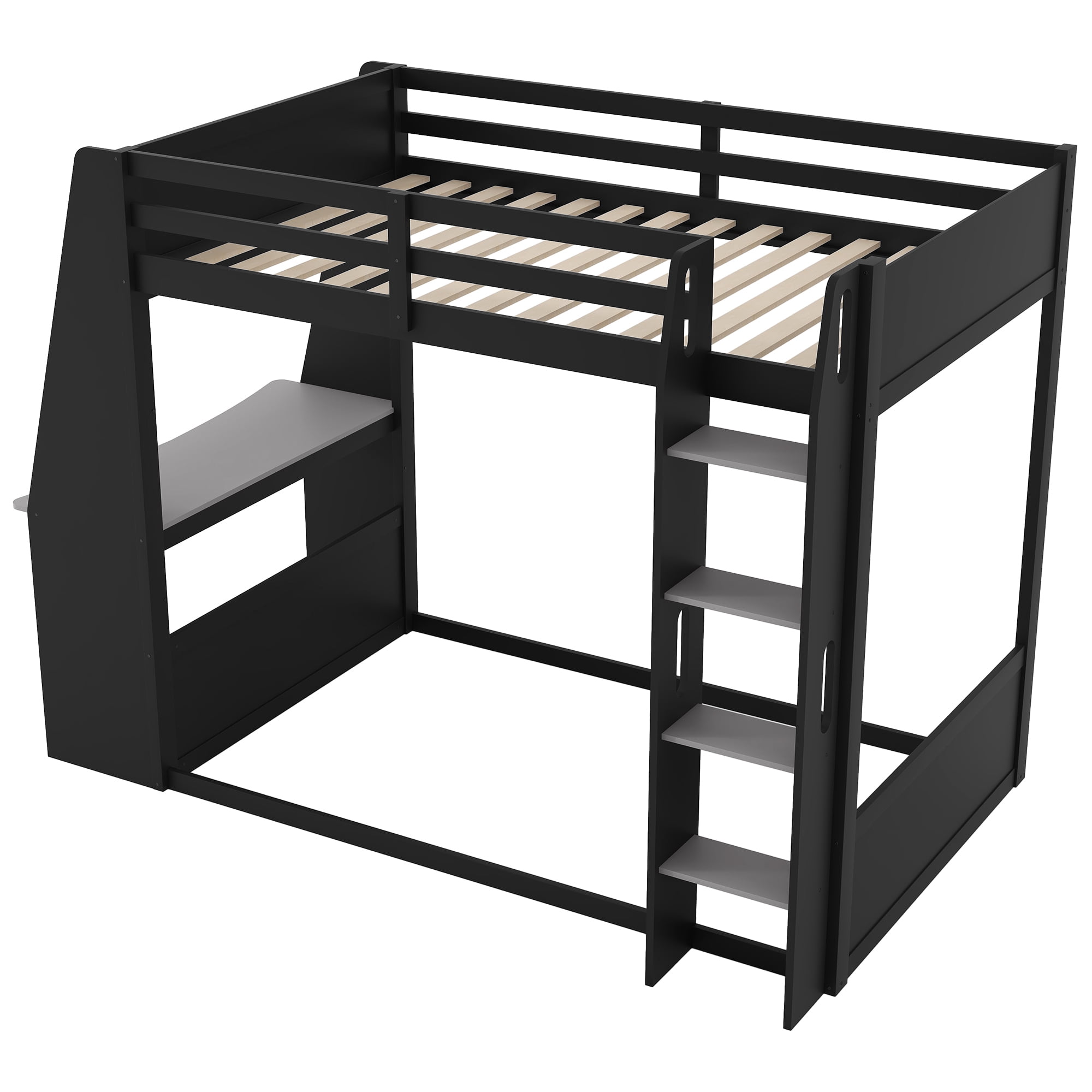 Euroco Wood Twin Size Bunk Bed with Desk and Shelves, Gaming Bed with LED Light and USB Charging, Grey