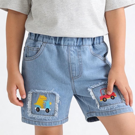 Eltusu Boys Denim Shorts, Casual Relaxed Fit Elastic Waist Above the Knee Kids Jeans Shorts Blue Size 7-8T
