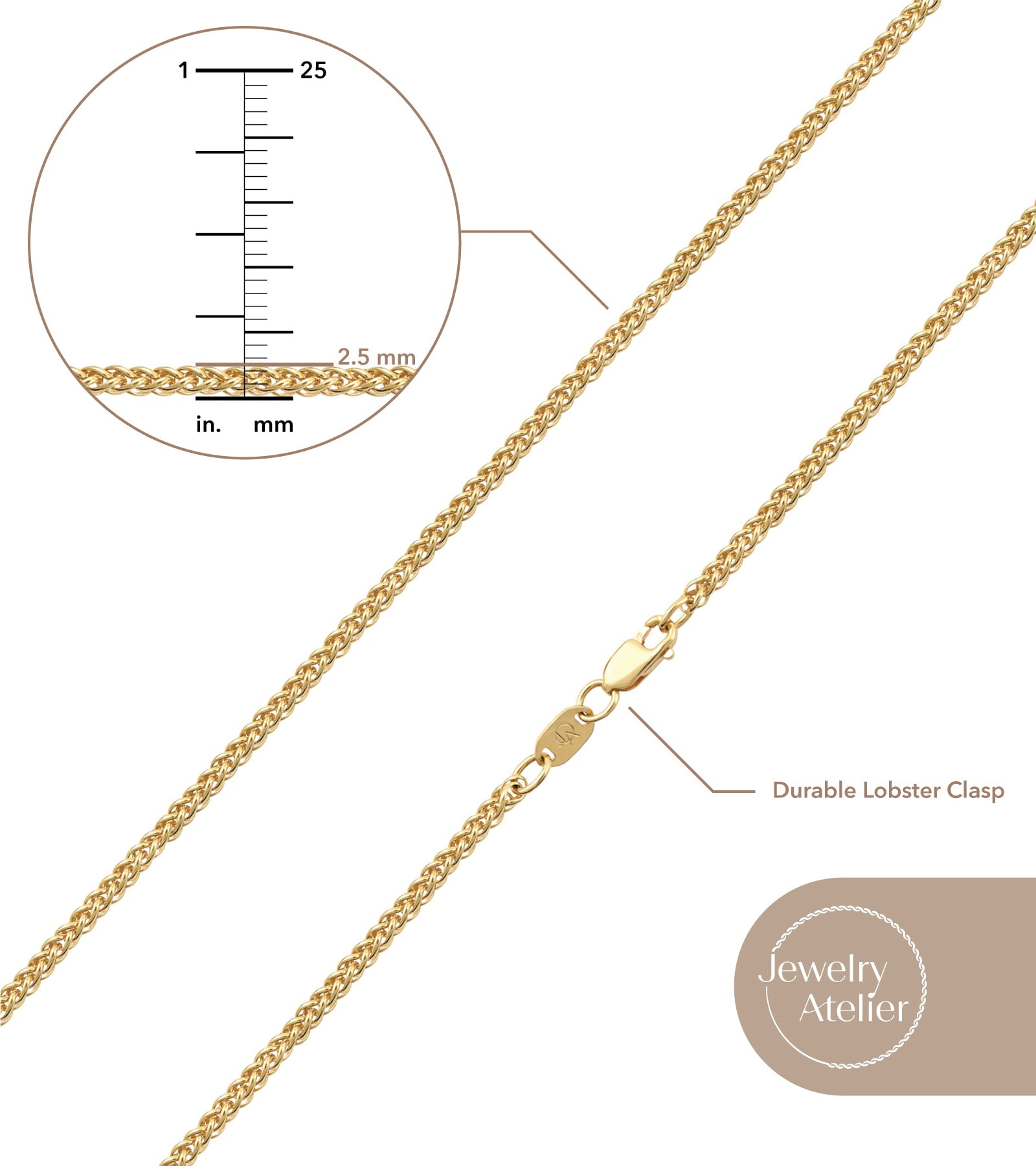 Jewelry Atelier Gold Chain Necklace Collection - 14K Solid Yellow Gold Filled Round Wheat/Palm Chain Necklaces for Women and Men with Different Sizes (2.5mm, or 3.2mm)