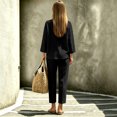 thumbnail image 3 of Women's Solid 2‑Piece Outfit Set, Round Neck 3/4 Sleeve Top & Cropped Ankle Pants, Casual Linen Look Loungewear for Everyday Street Wear，Travel Airport Outfits 2026,Black,2XL, 3 of 5