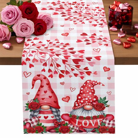 Valentine s Day Cotton Linen Table Runner Sweet Gnome Couple Red Love Heart Roses Floral Pink Plaid Dining Table Runners for Home Decor Party Dining Room Restaurant Kitchen Party 13 x 72