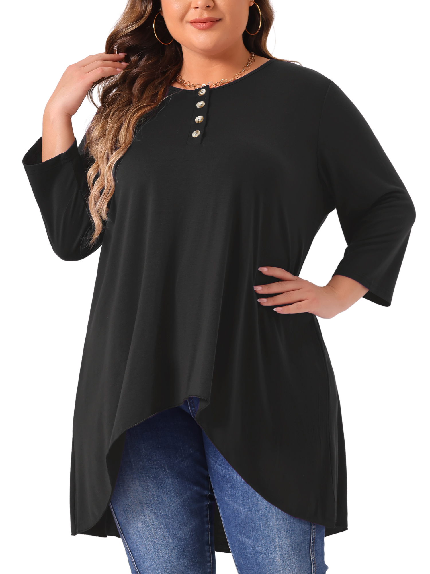 DARING DIVA Women's Plus 3/4 Sleeve High Low Loose Fit Tunic Tops 3X Black