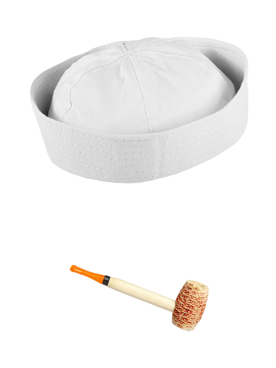 Adult Mens White Sailor Skipper Gob Hat And Corn Cob Pipe Costume