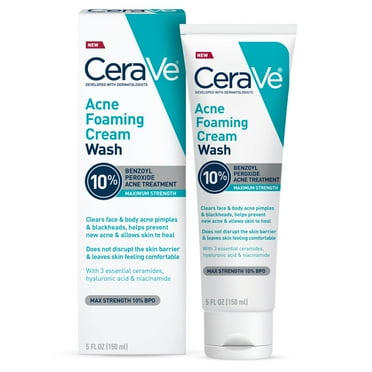 CeraVe Acne Foaming Cream Wash with 10% Benzoyl Peroxide for Face & Body, 5 oz