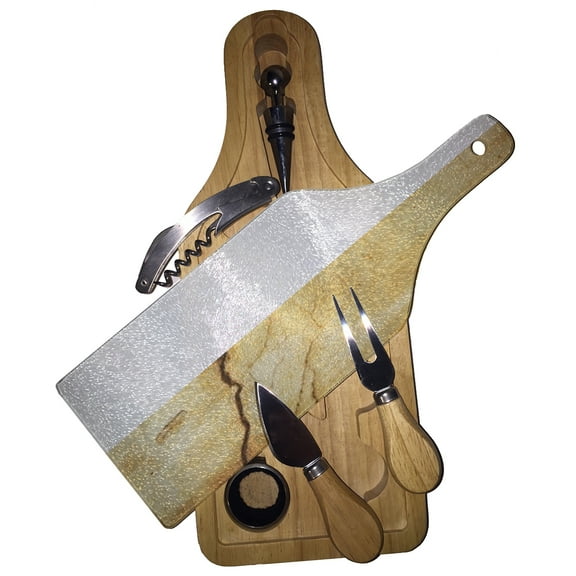 KuzmarK Wine & Cheese Glass Cutting Board Wood Box Gift Set - Michelangelo
