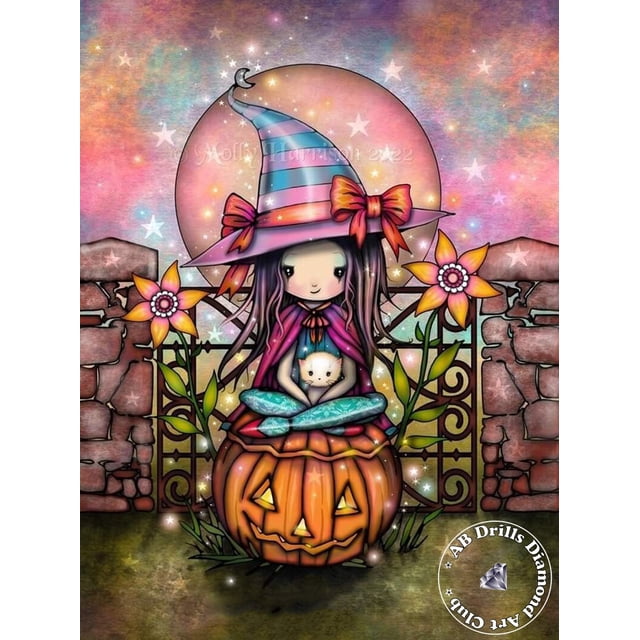 Bruja de Halloween 5D DIY AB taladros pintura de diamantes chica de dibujos animados fantasía calabaza punto de cruz bordado imagen mosaico decoración del hogar