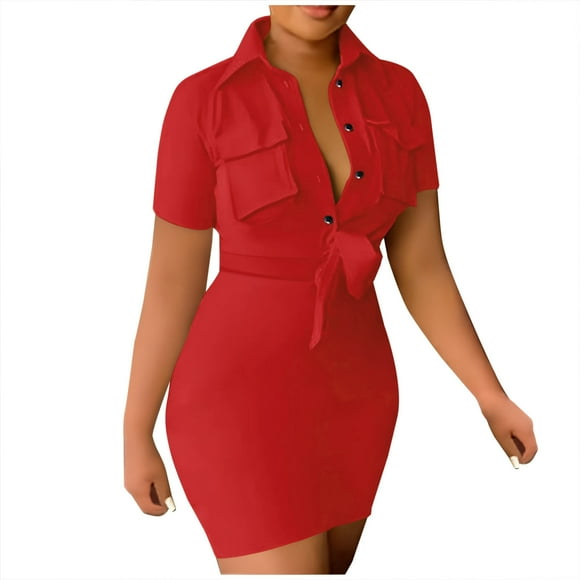 jovati One Shoulder Dresses for Women Women Sexy Solid Hip Wrap Bandage Turn-Down Collar Buttons Short Sleeve Dresses with Pocket Sexy Summer Dresses for Women Short Sleeve Dresses for Women