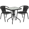 Flash Furniture Lila 23.5'' Square Glass Metal Table with 2 Black Rattan Stack Chairs