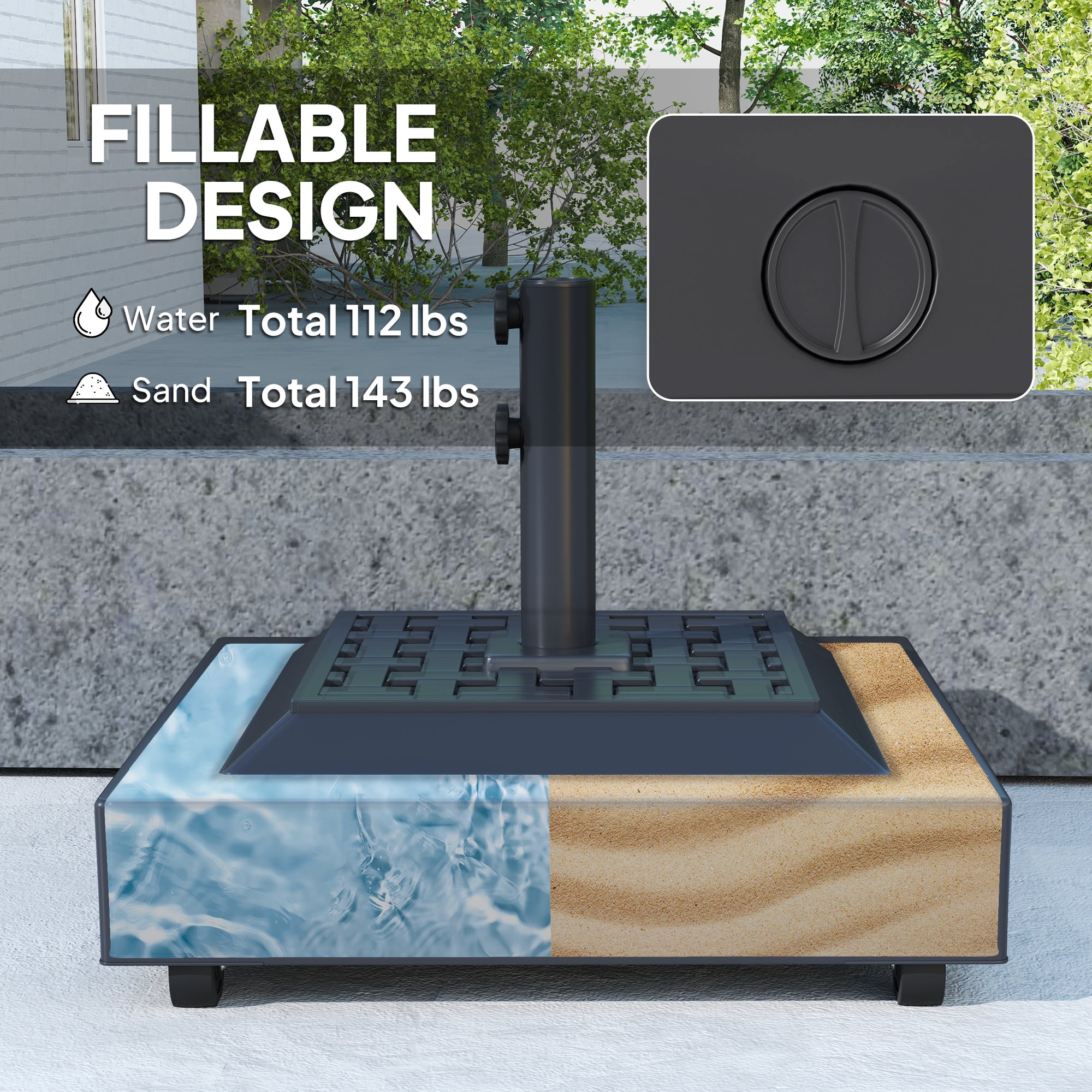Outsunny Patio Umbrella Base Holder Outdoor Umbrella Stand with Wheels, Fillable Umbrella Base for Garden Poolside, Black