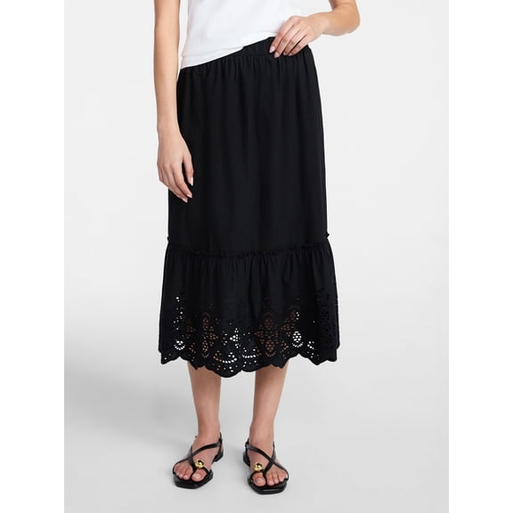 Time and Tru Women's Cotton Eyelet Hem Midi Skirt, Sizes XS-XXXL