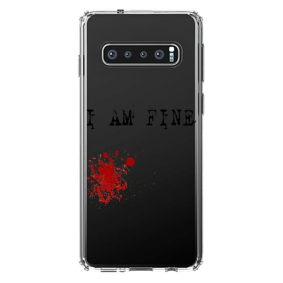 DistinctInk Clear Shockproof Hybrid Case for Samsung Galaxy S10 (6.1" Screen) - TPU Bumper Acrylic Back Tempered Glass Screen Protector - I Am Fine - Blood Splatter