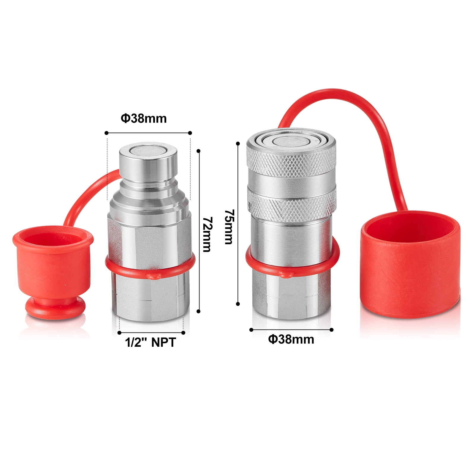 KFFKFF 1/2" Flat Face Hydraulic Quick-Disconnect Coupling Set, 1/2" NPT Interface for Skid Steers, Includes 4 Protective Dust Caps, Compliant with ISO16028 Standards