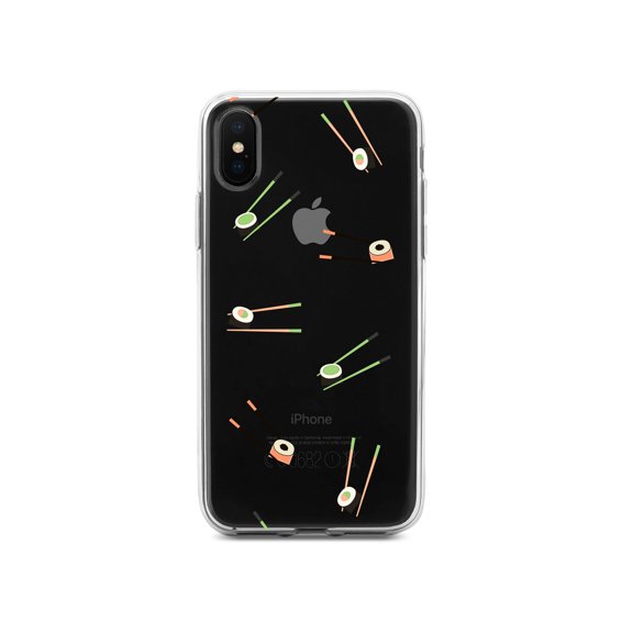 DistinctInk Clear Shockproof Hybrid Case for iPhone XS Max (6.5" Screen) - TPU Bumper, Acrylic Back, Tempered Glass Screen Protector - Sushi with Chopsticks - Pastels