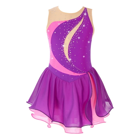 Kaerm Girls Sleeveless Ballet Dance Dress Rhinestone Color Block Figure Ice Skating Competition Purple 6