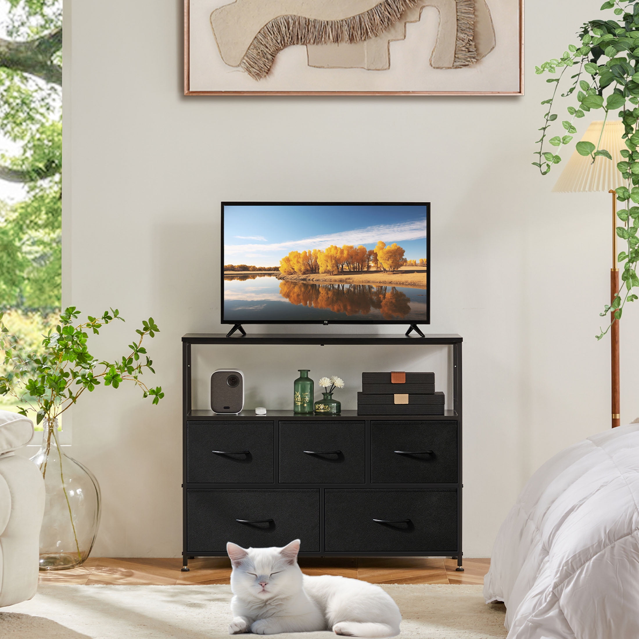 CONCETTA TV Stand with 5-Drawer Dresser for Bedroom, Living Room, Storage Cabinet with 55 inch TV Stand for Adult, Black