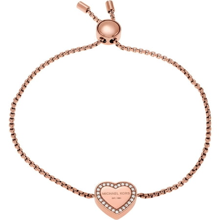 Michael Kors Women's Crystal Rose Gold-Tone Stainless Steel Pave Heart Logo Slider Fashion Bracelet, 9