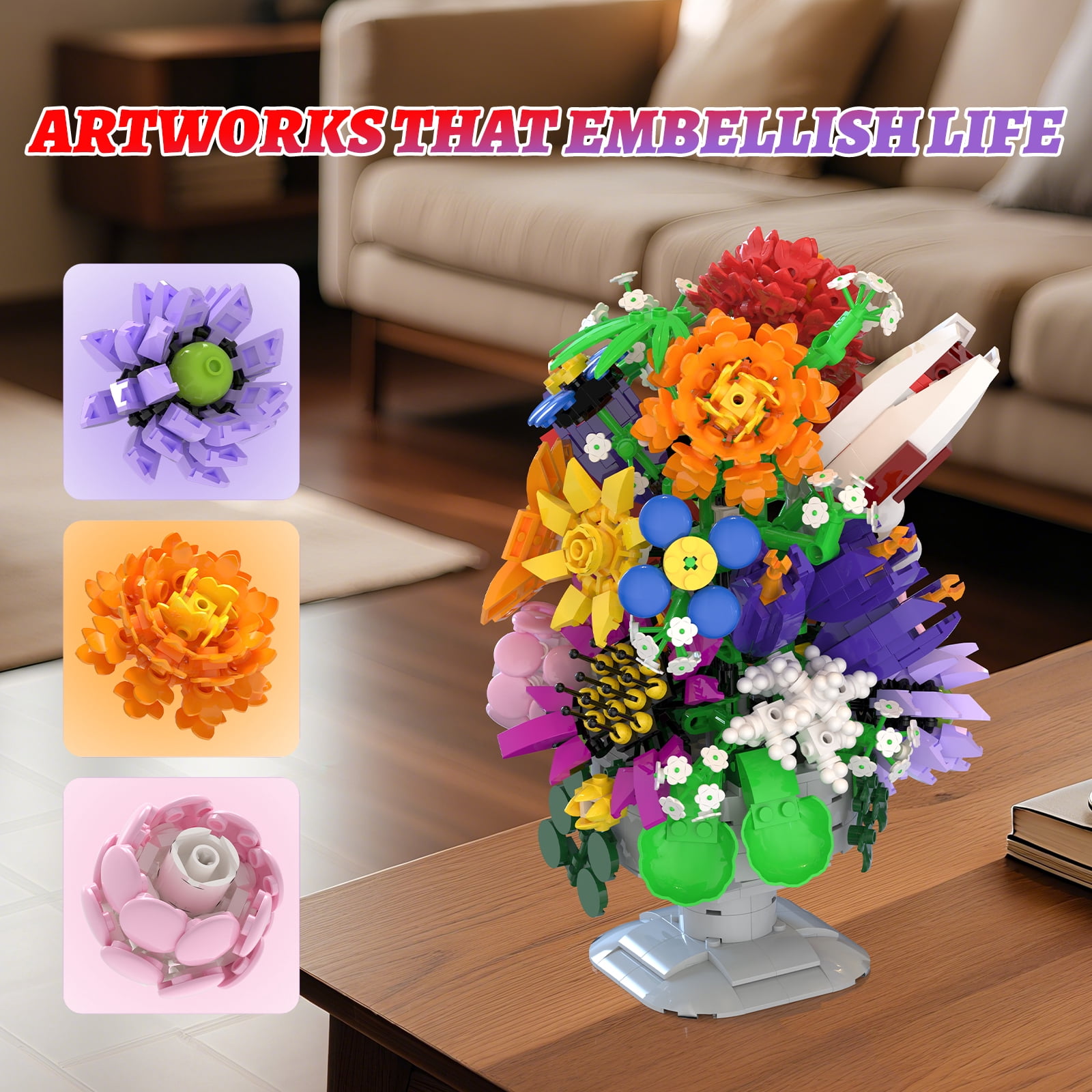 Honchoes Flowers Bouquet Building Set Compatible with Lego Botanical Home Decor Toy for Adults Boys Girls 1092Pcs